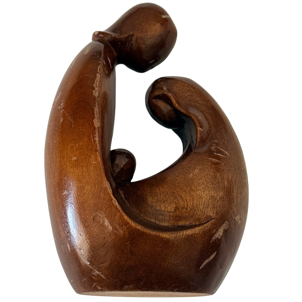 Vintage Abstract Mother and Child Wood Sculpture Figurine Brown 5.5" Hand Carved